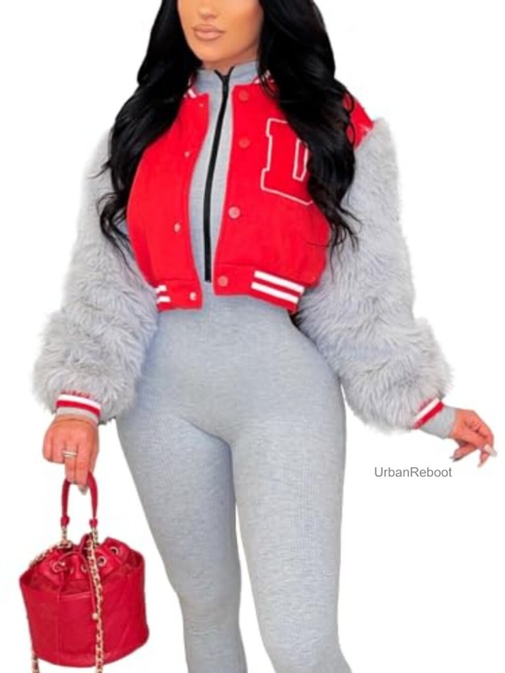 Cropped Varsity Jacket Faux Fur Sleeve Letterman Button Front